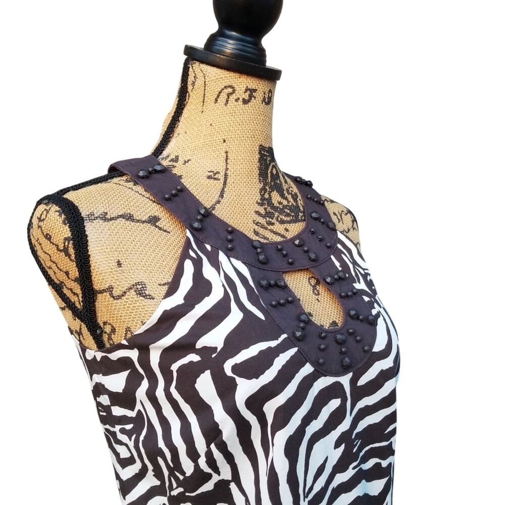 Zebra Print Dress LOFT Size 0 Brown White Stretch Sleeveless Beaded Collar